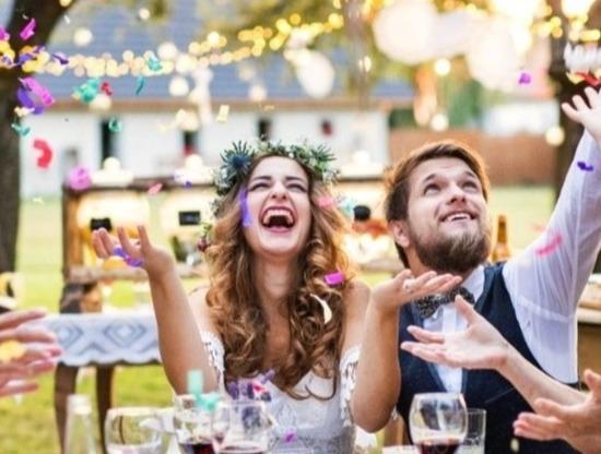 Wedding celebration and couple smiling