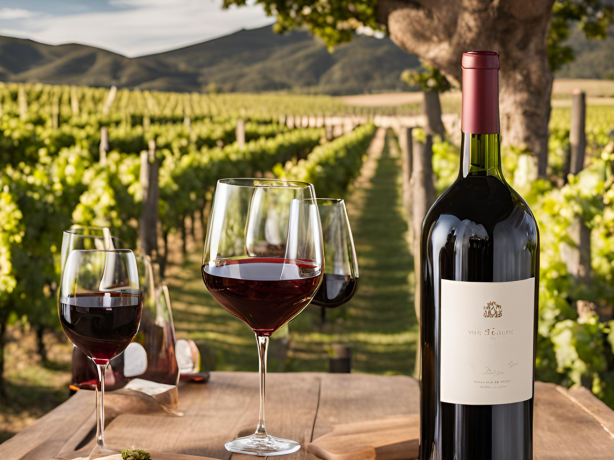 A large bottle of red wine and three filled wine glasses sit on a wooden table outdoors, with a vineyard and green hills visible in the background under a sunny sky.